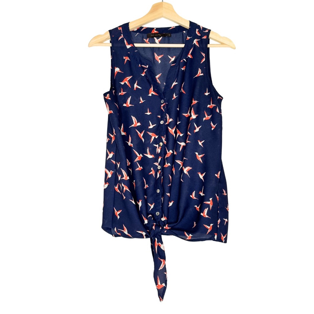 The Limited Sleeveless Blouse Navy S | Bird Print Tie-Front Top
